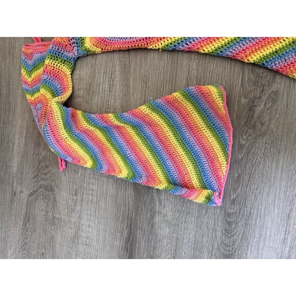 Rave Rainbow Crochet Clubwear Dress, Halter Long Sleeve Mini, Pastel Brights M - Picture 7 of 8